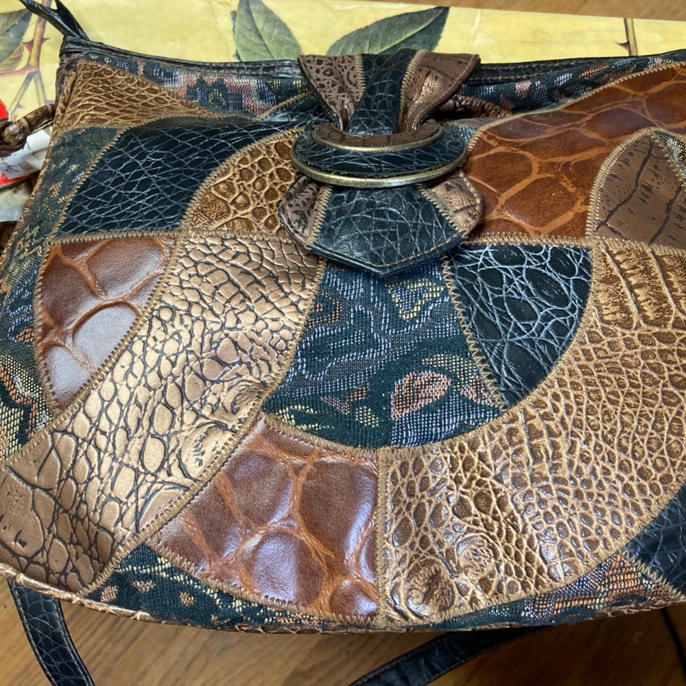 Vtg 80s Mixed Faux Reptile Hobo Shoulder Bag Copper Blue Patchwork Boho NWT
